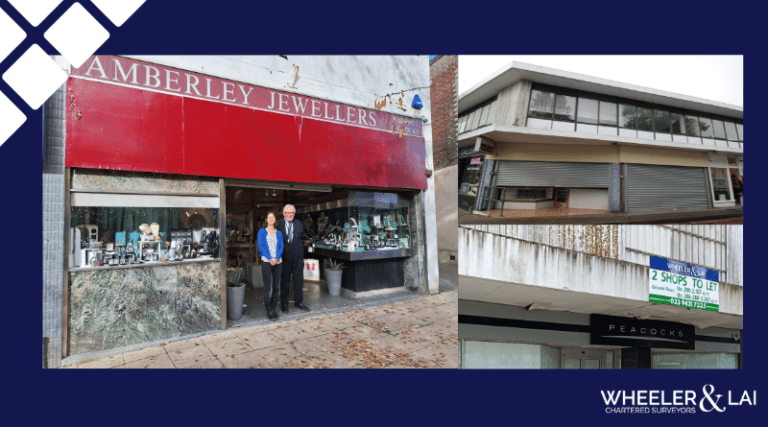 Shop front with Lionel and Sau in front of Amberley Jewellers, and right image empty shop in Hythe and bottom - for let sign in front of former Peacocks.