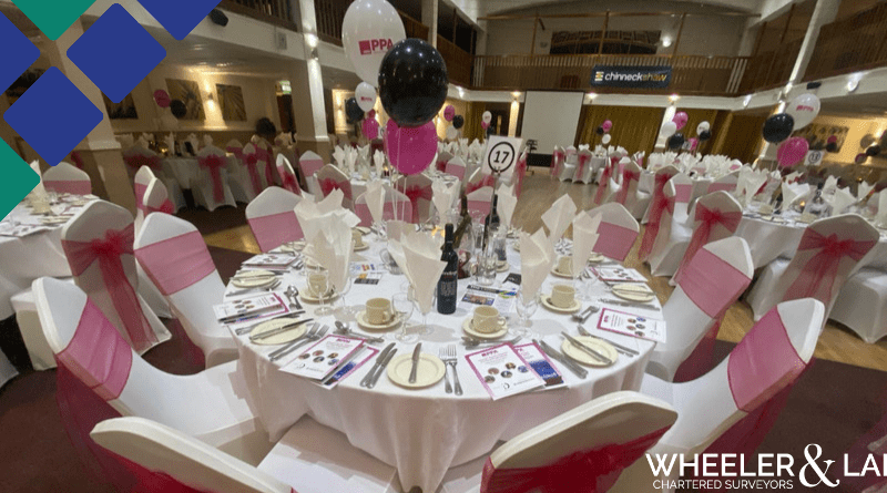 Close up on a table setting with dinner wares.