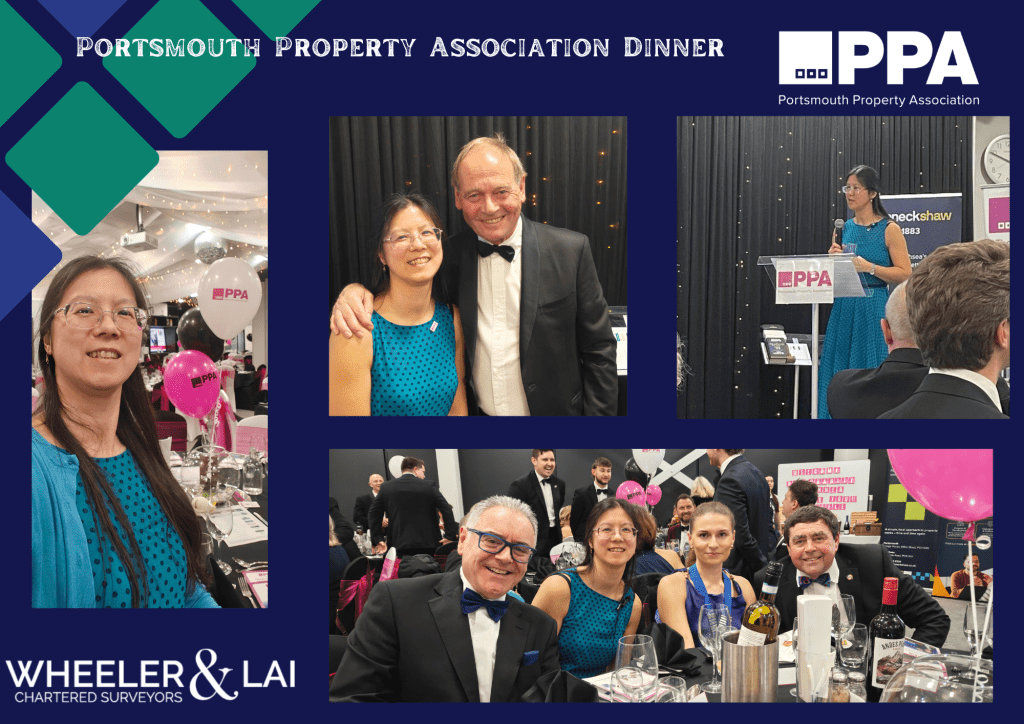 Selection of photos - Sau in front of the dinner table, Sau with John Lloyd, Sau with microphone by lecturn, and Sau with dinner guests